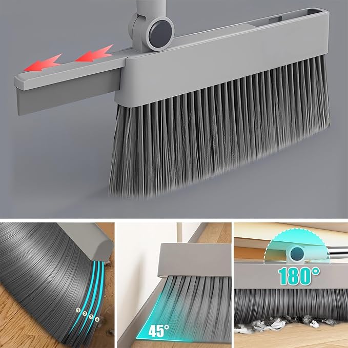 4 in 1 Multifunctional Broom and Dustpan Combo Set with 44" Long Handle, Squeegee and Cleaning Brush,for Clean Home Kitchen Bathroom Office,Indoor Outdoor,Pet Hair,Bathtub and Glass(Grey)