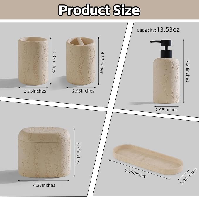 Bathroom Accessories Set, Travertine Stone Look, 5 PCS, Yellow | Modern, Bathroom Set with 13.53 OZ Soap Dispenser, Toothbrush Holder, Tumbler, Vanity Tray, Cotton Swab Jar for Countertop
