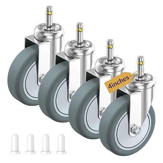 HOLKIE Stem Caster Wheels 4 inch Casters Set of 4, 7/16-Inch Stem Diameter Swivel Castors Heavy Duty TPR Rubber Replacement Castor for Cart, Stool, Mop Bucket, Grill, Shop Vac