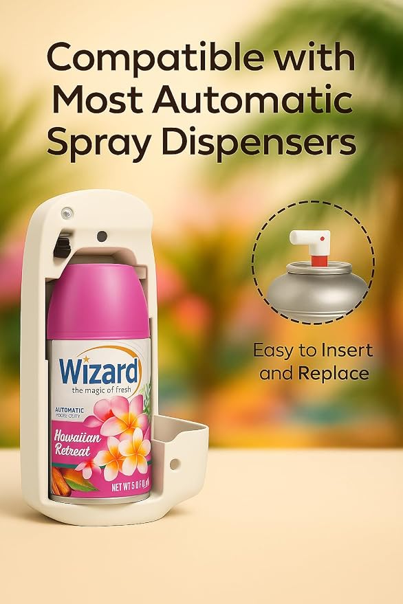 Wizard Automatic Spray Refill – Hawaiin Retreat, 5 oz (12 Pack) | Compatible with Air Wick Freshmatic & Glade Dispensers | Long Lasting Odor Neutralizer for Home & Office