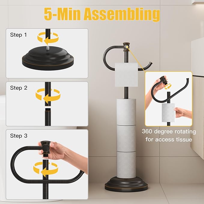 BESy Toilet Paper Holder Free Standing Bathroom Toilet Tissue Holder Stand for Floor Toilet Paper Roll Holder with Storage Hardware Accessories Rack Hand Towel Bar Oil Rubbed Bronze Stainless Steel