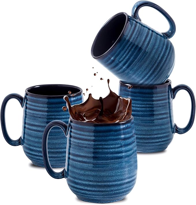 HASENSE Coffee Mugs Set of 4, 12 Ounce Ceramic Coffee Cups with Handle, Large Mug Set for Latte, Tea, Chocolate, Modern Cup Gift for Men and women, Dishwasher & Microwave Safe(Blue)