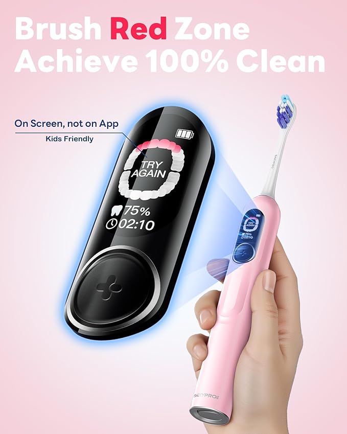 SAKYPRORAL AI Electric Toothbrush for Adults, Sonic Rechargeable Whitening Toothbrush with 6-Zone Tracking, Soft Replacement Heads & Travel Case (Pink, 1 Count with 6 Brush Heads)