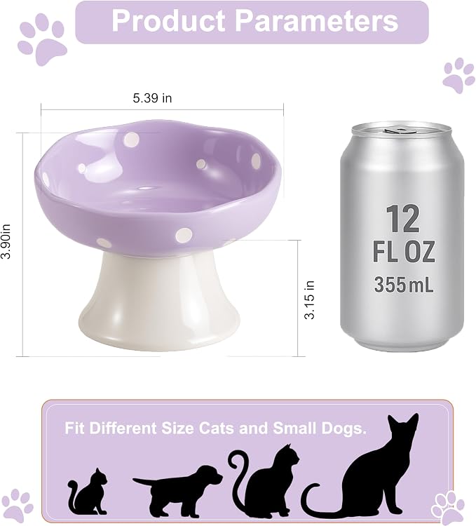 Purple Mushroom Cat Bowl, Elevated Ceramic Bowl for Cats | Elevated, Ceramic, Whisker Friendly, Wide Opening, Dishwasher Safe,durable