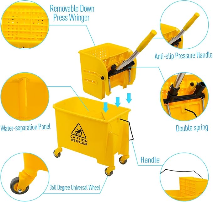 Commercial Mop Bucket with Wringer on Wheels, Industrial Mop Bucket 20 Quart Side Wringer Combo Mop and Bucket with Wringer Set for Home Business Cleaning, Yellow
