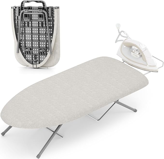 KINGBOARD Tabletop Ironing Board, Small Ironing Boards with Iron Rest, Folding Iron Board, Extra Thick Cover, Portable Tabletop Ironing Board with Non-Slip Feet, 30x12 Beige