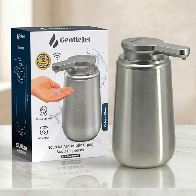 GentleJet NovaJet Automatic Liquid Soap Dispenser Touchless Sensor, USB-C Rechargeable, 304 Stainless Steel, IPX5 Waterproof for Bathroom Kitchen Sink, 10 oz / 300 ml
