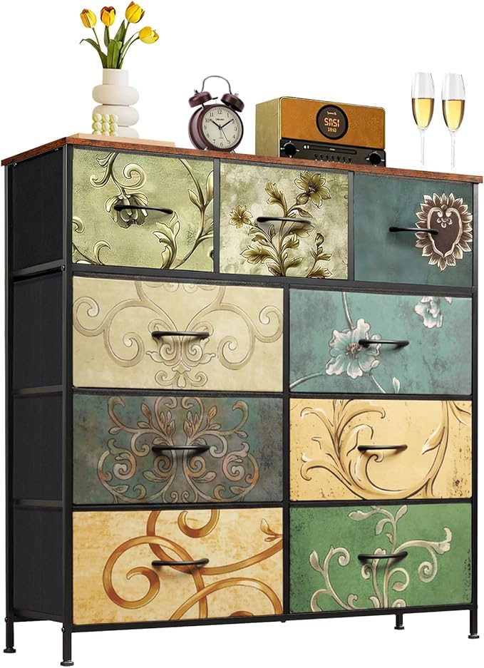 9-Drawer Dresser for Bedroom, Anti-Tip Tall Storage Organizer Chest of Drawers with Wooden Top and Metal Frame Fabric Bins for Closet, Living Room, Hallway, Entryway, Floral Painted