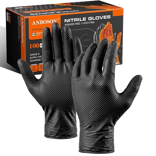 ANBOSON 10 Mil Heavy Duty Mechanic Nitrile Gloves, Large Black 100 Count | Diamond Grip,Latex Free,Chemical Resistant Disposable Thick Rubber Gloves for Auto Repair, Industrial, Food, Work ,BBQ,Men