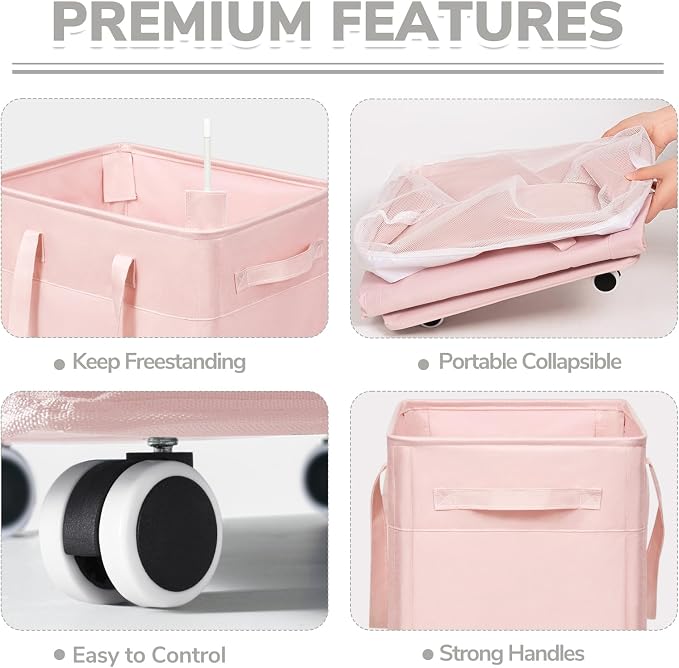 CHICVITA 100L Slim Laundry Hamper with Wheels, Collapsible Rolling Laundry Basket for Living Room, Pink Laundry Hamper for College Dorm