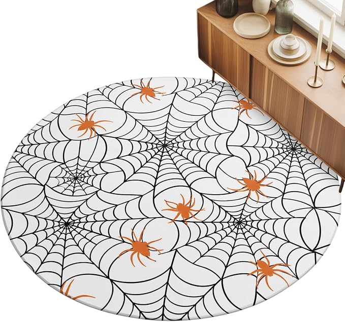 Round Area Rug 4', Halloween Washable Area Rugs for Kitchen Bathroom Bedroom Office Dining Room, Black Net Classic Spiders Gingham Orange Non Slip Door Mat Indoor Entrance Floor Throw Circle Carpet
