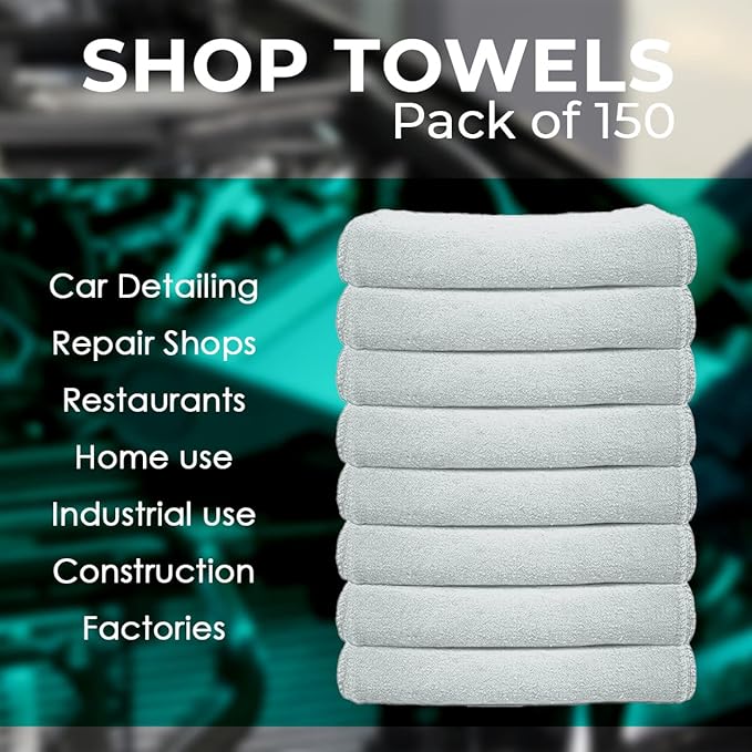 Avalon Towels Cotton Shop Rags – (Pack of 150) Size 12x14 Inches Cleaning Rags – Absorbent Shop Towels and Multipurpose Cleaning Towels for Automobiles, Industries, Garage and Homes (Grey)