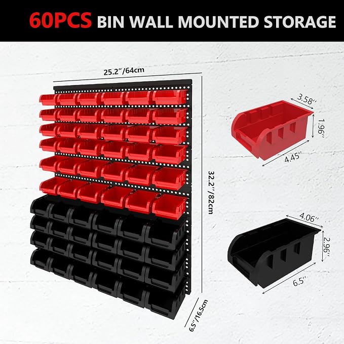 60Pcs Plastic Wall Mounted Storage Bins Parts Rack Nuts And Bolt Bins Organizer For Shop Garage for Screws, Nuts, Bolts, Nails, Beads, and Small Hardware Parts(RED+BLACK, 60)