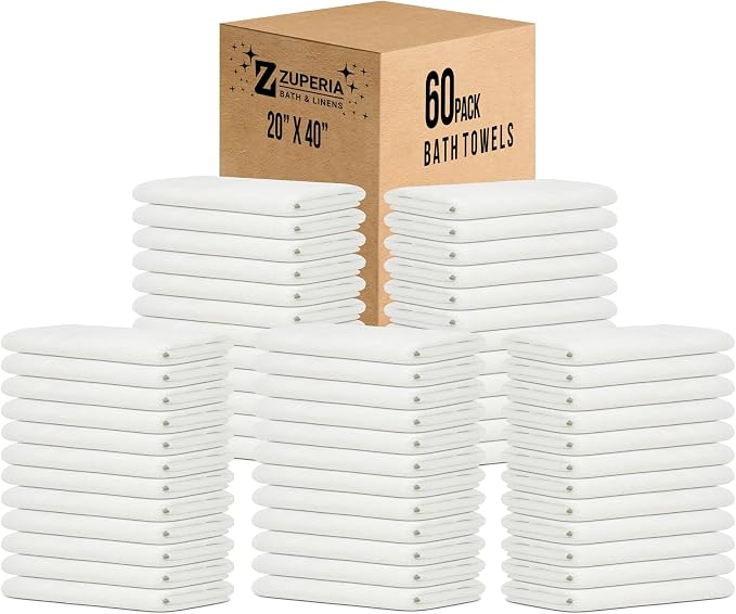 ZUPERIA White Bath Towels Bulk 60 Pack (20 x 40 Inches) - 100% Cotton Economy Light Weight Towels for Commercial Use - Quick Dry, Ultra-Soft, and Absorbent Bulk Towels