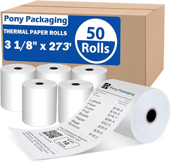 (50 Rolls) 3 1/8 x 273 Thermal Paper Rolls, BPA Free Thermal Receipt Paper Rolls, Fits All POS Cash Registers Thermal Paper Receipt Roll Pony Packaging