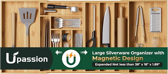 Large Silverware Organizer, 11 Slots Magnetic Connected Expandable Acacia Wood Utensil Drawer Organizer From 21 to 37.4 Inches, Adjustable Flatware and Cutlery Holder, Utensil Tray for Kitchen