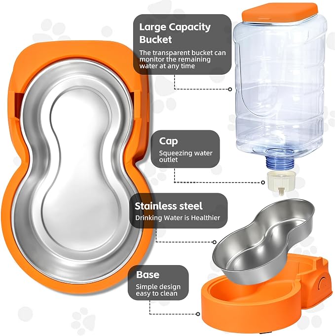 HWONMTE Portable Automatic Cat Feeder and Water Dispenser with Stainless Steel Bowl Dog Gravity Food Feeder and Waterer for Small Medium Pets Puppy Kitten 1 Gallon x 2 (Orange)