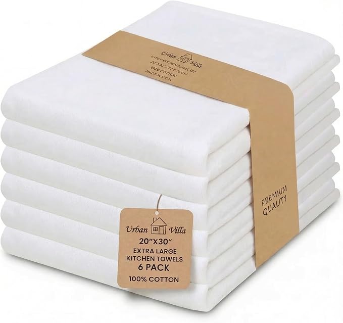 Urban Villa Kitchen Towels Cotton Dish Towels 20”x30” (Set of 6) White