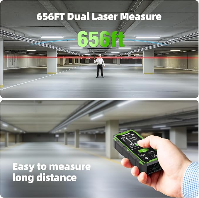 Huepar Professional 656ft/200M Dual Laser Distance Measuring Tool, 5 Years Warranty. Rechargeable Laser Room Measure Devices, Bilateral Metro Laser Measurement Tool with Angle Sensor, Magnetic Back