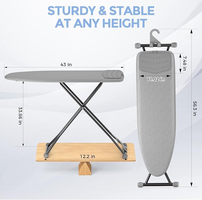 APEXCHASER Ironing Board, Compact Iron Board with Silicon Mat, Foldable Ironing Board with Heat Resistant Cover, 7 Height Adjustable, Space Saver Iron Board,13x43 Solid Grey