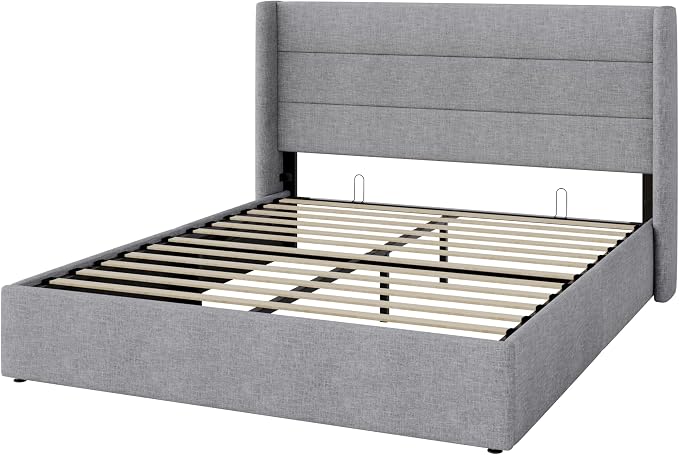Allewie Queen Size Lift Up Hydraulic Storage Bed Frame Light Grey | Modern Wingback Headboard, Hydraulic Support Storage, No Box Spring Needed