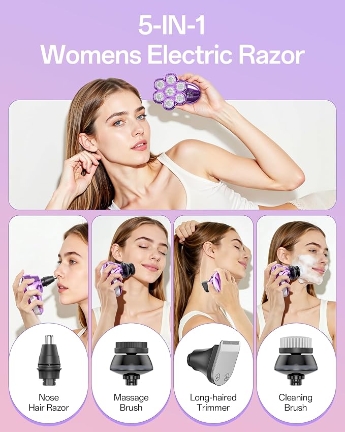 5-in-1 Electric Razors for Women, 7D Magnetic Heads Full Body Shaver, Waterproof Wet Dry Hair Remover with LED Display, Rechargeable Bikini Trimmer for Underarms, Face, Legs, Lips, Arms (Purple)