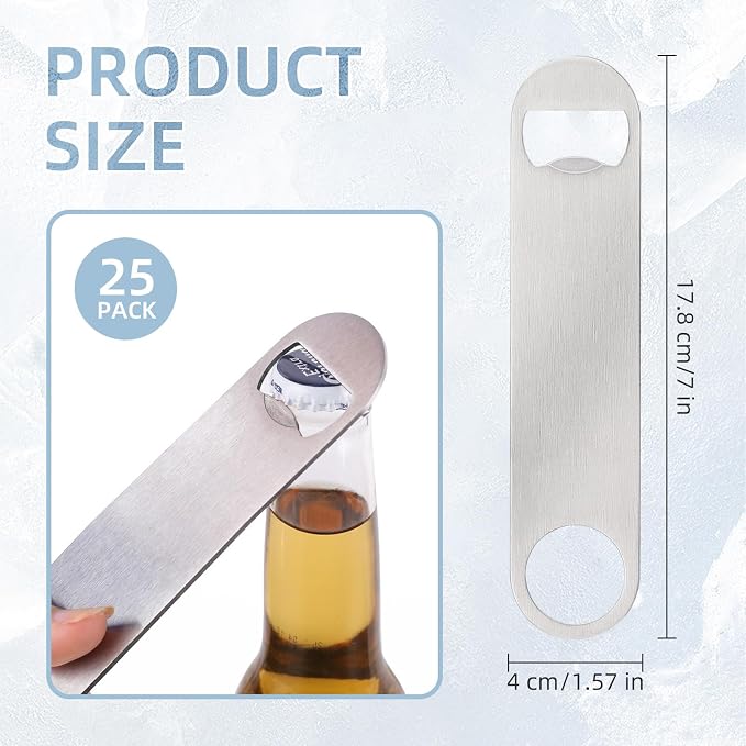 25 Pack Flat Beer Bottle Opener 7 inch Stainless Steel Flat Bottle Opener Beer Bottle Openers for Bartender Kitchen Bar Restaurant (Silver)