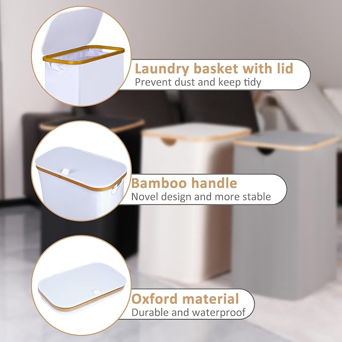 iEGrow 60L Slim Laundry Hamper, Narrow Laundry Basket with Lid,Foldable Clothes Hamper with Bamboo Handles,Hamper Basket with Removable Inner Bag for Laundry Room Bedroom College Dorm,15.85 Gals White