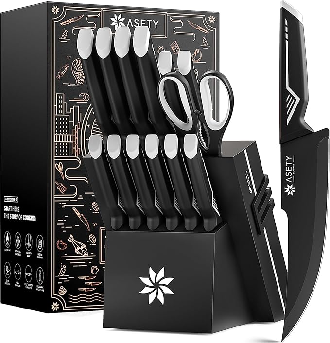 ASETY Kitchen Knife Set, 15 PCS Knife Block Set, Dishwasher Safe, White | Razor Sharp Knives, Wood Knife Block with Built-In Sharpener, Stainless Steel, Ergonomic Handle, Elegant Box for Men Women