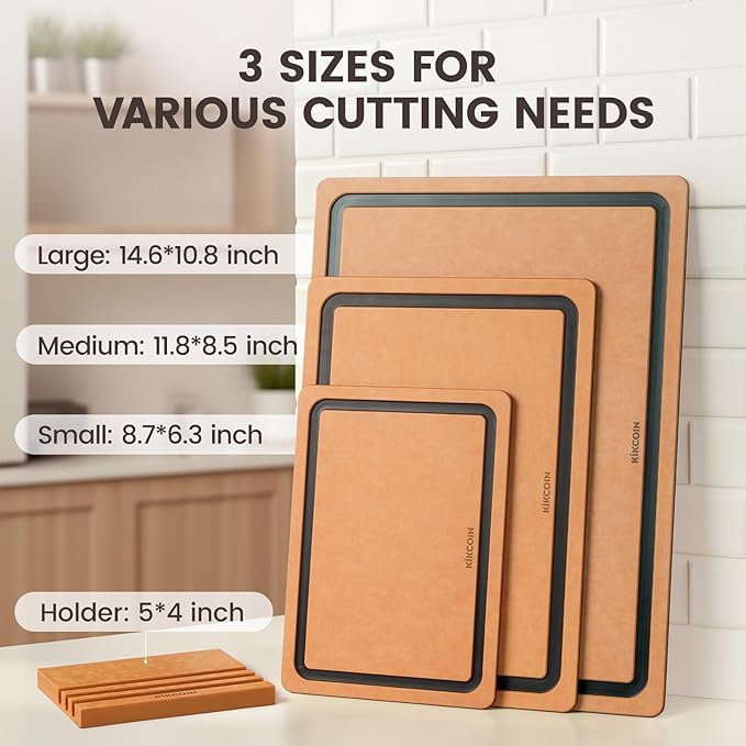 Kikcoin Wood Cutting Board Set of 3, Cutting Boards for Kitchen with Holder Dishwasher Safe Non-slip Chopping Board with Juice Groove, Wood Fiber Composite Cutting Boards