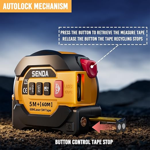 SENDA 3-in-1 Laser Tape Measure - 197Ft Digital Measuring Tape with Led Display&16Ft Measuring Tool with Magnetic Hook & Auto Lock - Pythagorean, Area, Volume, Ft/Ft+in/in/M Unit,AAA Battery*2, Yellow