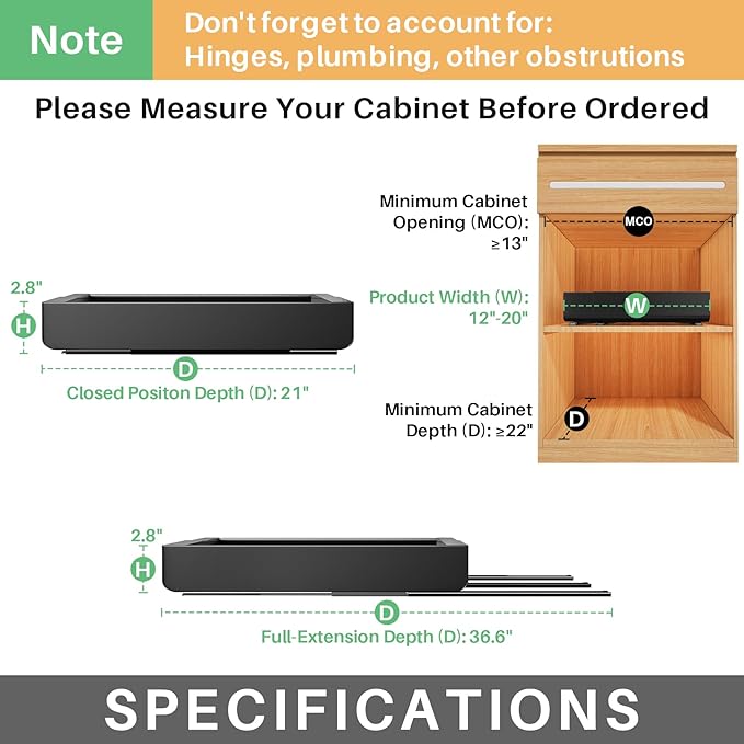 2 Pack Pull out Cabinet Organizer, Expandable(12"-20") Heavy Duty Slide out Drawer Fixed with Adhesive Nano Film for Pots, Roll out Shelf Storage for Kitchen Organization, Pantry, Bathroom(Black)