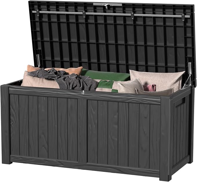 DRATO 150 Gallon Deck Boxes Outdoor Waterproof, Lockable Outdoor Storage Box for Patio Furniture Pool Supplies Garden Tools, Weatherproof Resin Storage Box for Backyard (Black, 150 Gallon)