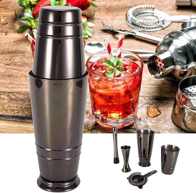 5Pcs Black Stainless Steel Cocktail Shaker Set, Bartender Tool Kit with Measuring Cup Strainer Mixing Spoon, Dishwasher Safe Bar Accessories for Home Bar