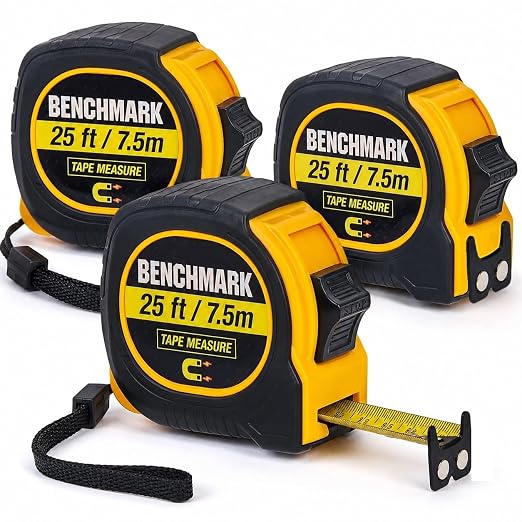 3 Pack - Tape Measures 25 ft / 7.5m – Dual Sided Blade with Easy Read Fractions to 1/8th inch Plus Centimeters on Back Side - Magnetic Tip - Thumb Lock - Belt Clip – Retractable Measuring Tape