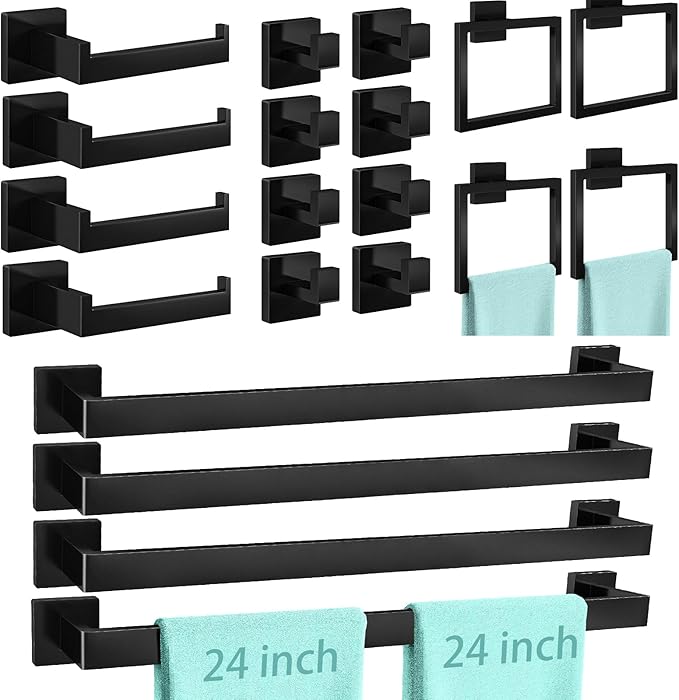 FEILERN 20-Piece Matte Black Bathroom Hardware Set, 24 Inch Bath Towel Bar Set, Stainless Steel Wall Mounted Towel Rack for Bathroom