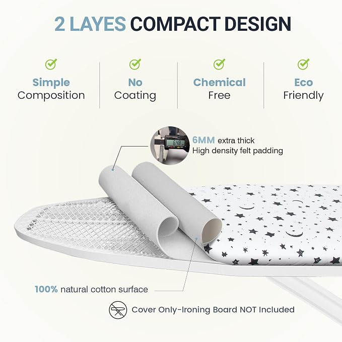 UniSimp Ironing Board Cover and Pad 15"x54" Extra Thick Natural Cotton, Scorch and Stain Resistant Padding, Standard Size Iron Board Cover with Fasteners Heavy Duty Elastic Edge, Heatproof Nightfall