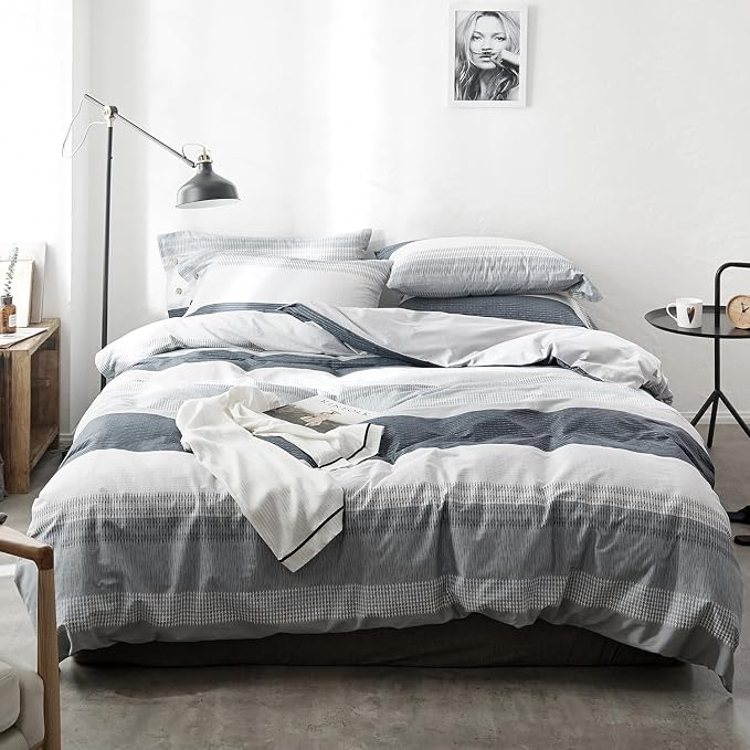 mixinni Geometric Striped Duvet Cover Set - 100% Natural Cotton, Grey & White Stripes, Queen Size, 3-Piece Bedding Set with Zipper Closure