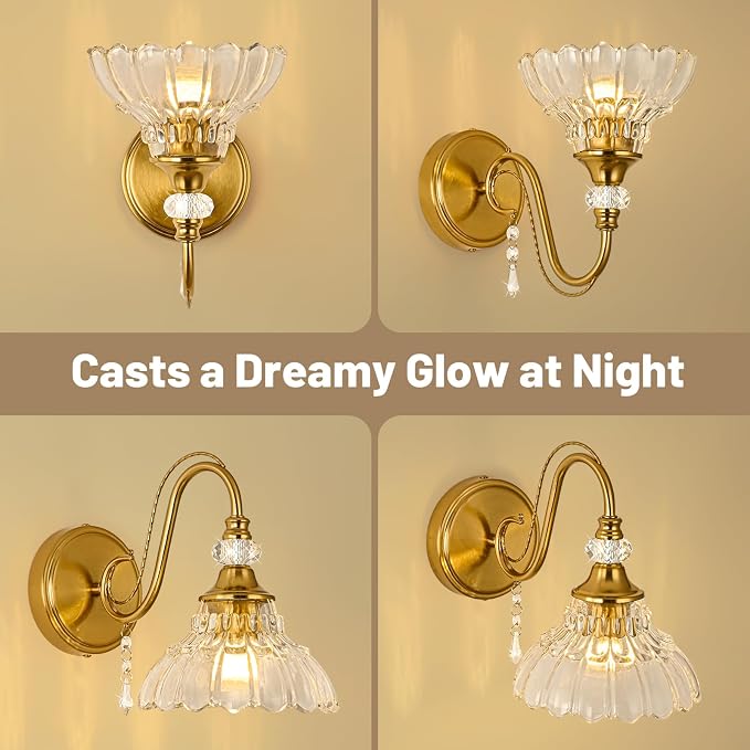1 Piece Vintage Wall Sconce, 1-Light Brushed Gold Finish Wall Sconce with Hanging Crystal Accents and Flower-Shaped Clear Shades for Bathroom Bedroom Living Room,Vintage Vanity Light
