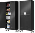 PAOFIN 75''H Metal Garage Storage Cabinet with Wheels,Steel File Cabinets with 2 Doors and 5 Adjustable Shelves for Home Office, Warehouse, Required Assembly,Black