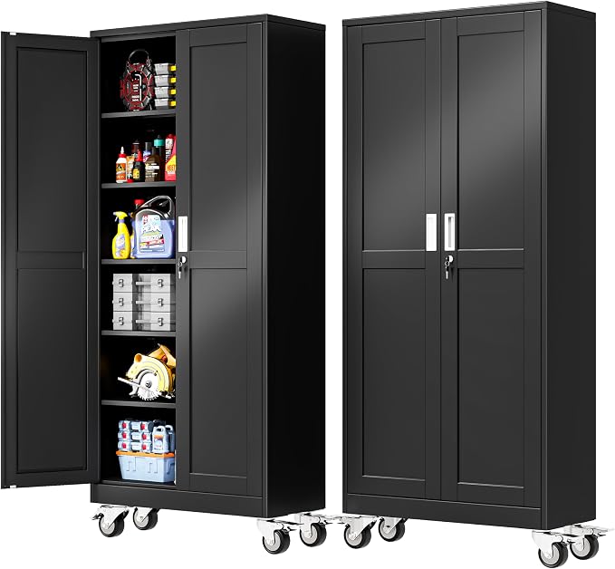 PAOFIN 75''H Metal Garage Storage Cabinet with Wheels,Steel File Cabinets with 2 Doors and 5 Adjustable Shelves for Home Office, Warehouse, Required Assembly,Black