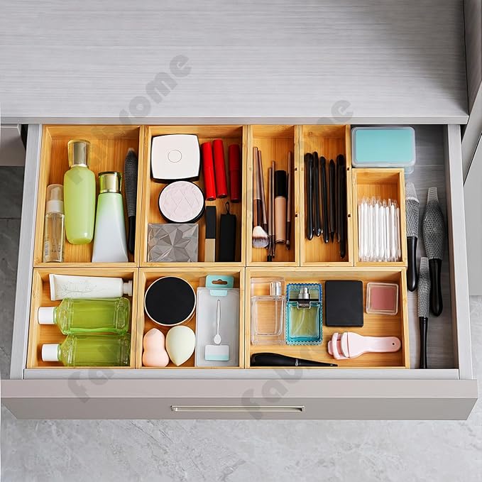 Fabsome Drawer Organizer, Set of 9 Bamboo Wood Kitchen Makeup Desk Junk Tea Drawer Storage Boxes Bins for Cutlery Silverware Utensils Flatware, Small Wooden Container Tray for Bathroom, Office