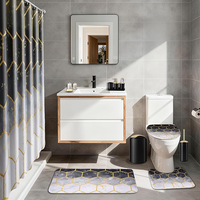 BSSN 25 Pieces Black and Gold Bathroom Accessories Set with Shower Curtain and Rugs, Trash Can, Toilet Brush, Soap Dispenser, Toothbrush Holder, Qtip Jars, Tray and Tumbler, Complete Bath Decor Set