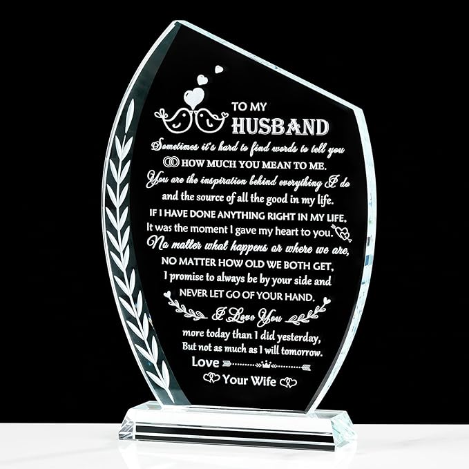 QIANWEI Fathers Day Unique Gifts for Husband from Wife Romantic Glass Plaque, Best Husband Birthday Gifts Wedding Anniversary To My Husband Present for Christmas Valentines Day