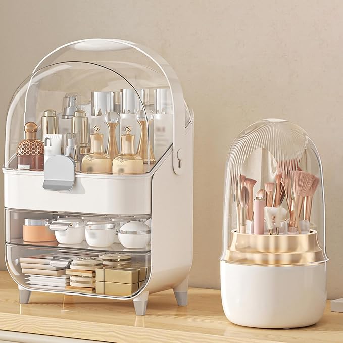 Makeup Organizer Countertop, Skincare Holder Bathroom Counter Organizer, Storage Box Cosmetic Display Cases, Teen Girl Gifts Make up Organizers (Sliver/Brush)