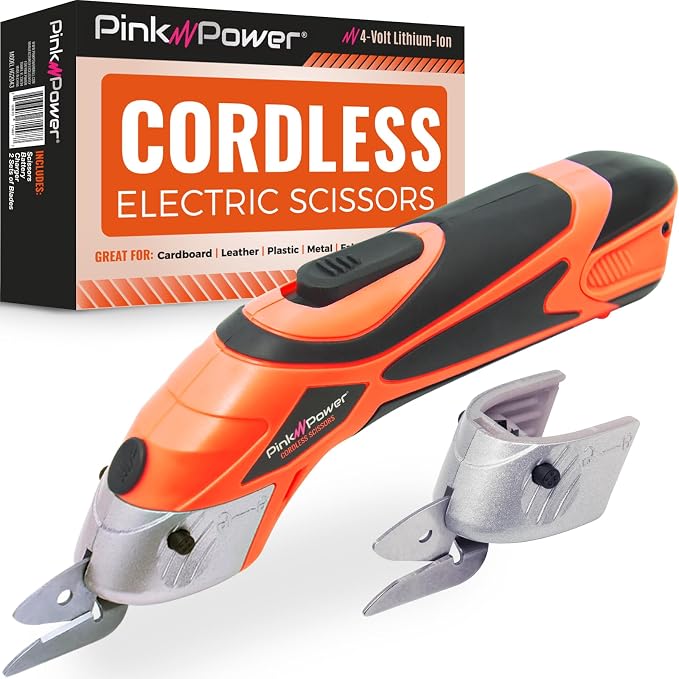 Pink Power Electric Fabric Scissors Box Cutter for Crafts, Sewing, Cardboard, Carpet, & Scrapbooking - Heavy Duty Professional Shears Cutting Tool - Automatic Cordless Scissors Fabric Cutter (Orange)