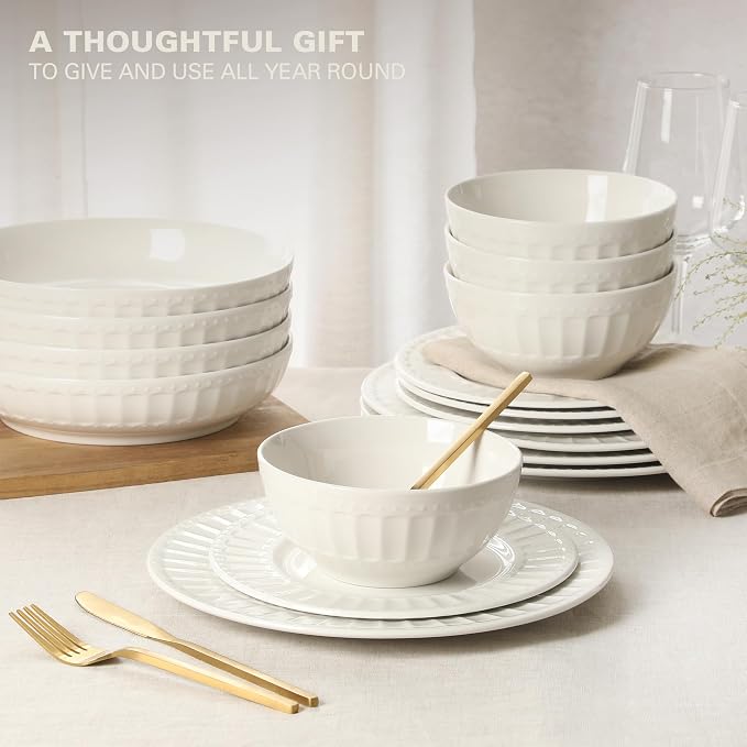 Gibson Home Melbourne White Plates and Bowls Set, 16 Piece Embossed Ceramic Dinnerware Set - Service for 4 Dishes - With Pasta Bowl