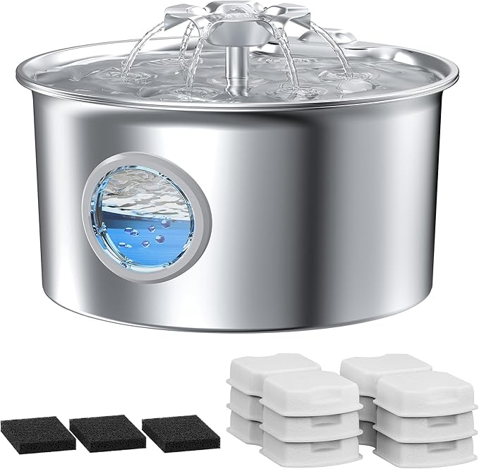 Cat Water Fountain Stainless Steel: Pet Fountain with 6 Filters & 3 Sponges | 88oz/2.6L Water Fountains for Cats Inside with Flower - Kitty Drinking Dispenser - Gifts for Cats Dogs and Small Animals