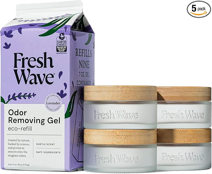 Fresh Wave Odor Removing Gel Eco-Refill, 63 oz. Lavender Scent | 4 Empty Refillable Glass Jars | 4 Room Set