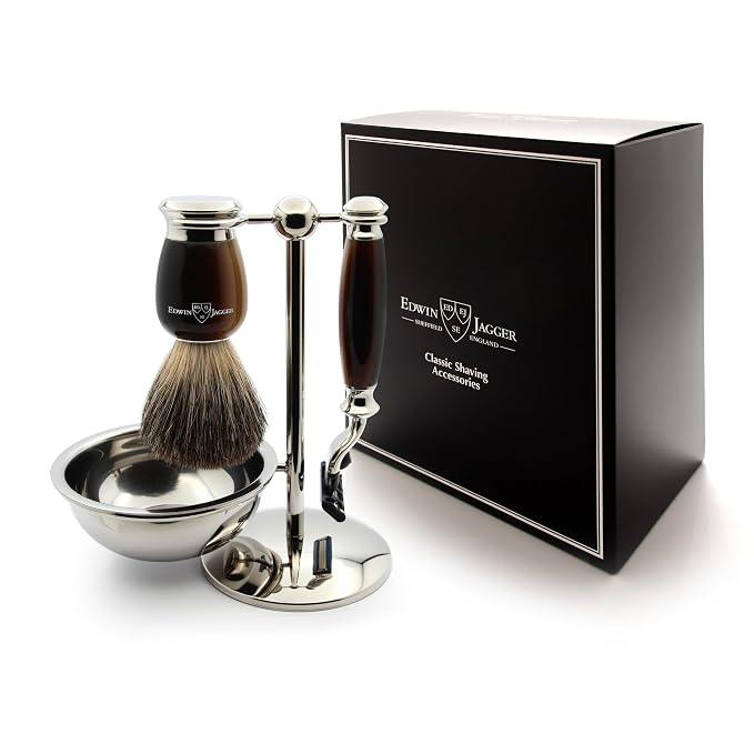 Edwin Jagger S81M582BAMZ Imitation Light Horn & Nickel Classic Shaving Set with Bowl with a Pure Badger Shaving Brush and Mach 3 Razor for Shaving Cream or Soap for Men